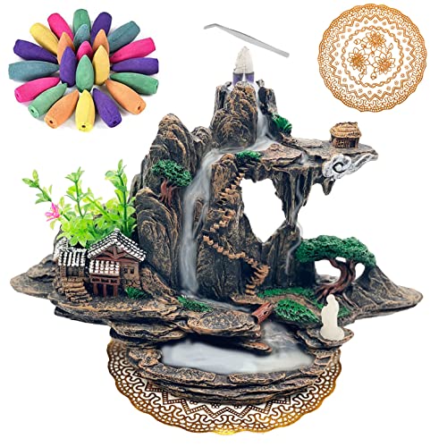 Mountain Waterfall Incense Burner，Backfall Incense Holder River, Incense Falls Meditation Decor for Room with Upgrade Incense Cones and Accessories (Mountain)