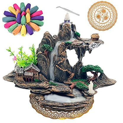 Mountain Waterfall Incense Burner，Backfall Incense Holder River, Incense Falls Meditation Decor for Room with Upgrade Incense Cones and Accessories (Mountain)