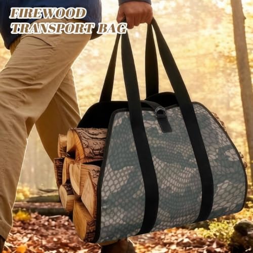 Snake Scale Camo Print Wood Carrying Bag for Firewood | Foldable Design, Adjustable Buckle Straps, Ideal for Indoor Stoves, Bonfires and Long RV Road Trips - color: Green Snake Scale Camo Print