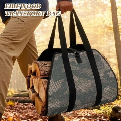 Snake Scale Camo Print Wood Carrying Bag for Firewood | Foldable Design, Adjustable Buckle Straps, Ideal for Indoor Stoves, Bonfires and Long RV Road Trips - color: Green Snake Scale Camo Print