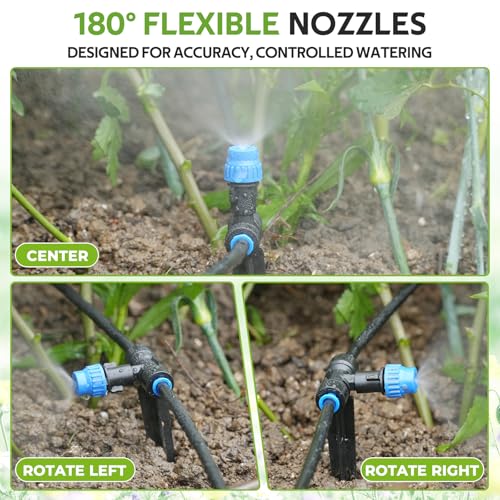 HIRALIY 59FT Drip Irrigation Kit with Water Timer, Quick-Connect | Garden Watering System with 15 Adjustable Misting Nozzles, 1/4 in Tubing for Greenhouse, Hanging Plants & Raised Beds - size: 59 feet