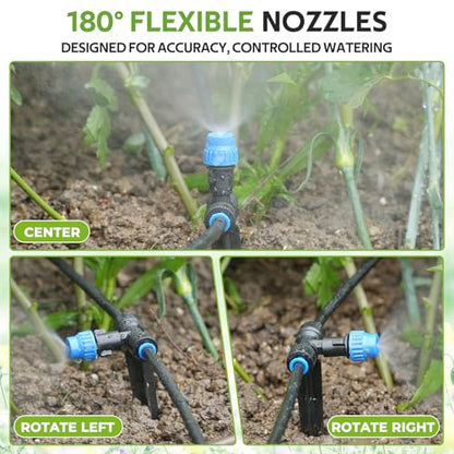HIRALIY 59FT Drip Irrigation Kit with Water Timer, Quick-Connect | Garden Watering System with 15 Adjustable Misting Nozzles, 1/4 in Tubing for Greenhouse, Hanging Plants & Raised Beds - size: 59 feet