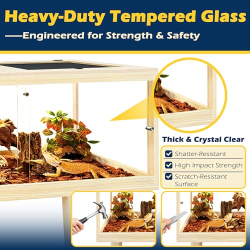 Bearded Dragon Tank with Leg, 80 Gallon Tempered Glass Lizard Tank, Reptile Enclosure with Metal Mesh and Lockable Door, Reptile Tank for Snakes,Chameleon (Oak, 48x19x19 Inch)