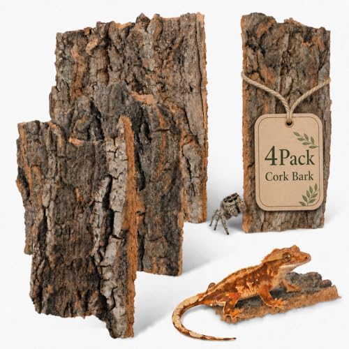 SHINEOFI 4 Pack Natural Cork Bark Reptile Hides for Terrariums | Random-shaped bark pieces for hides, basking platforms and enclosure landscaping for geckos, lizards, snakes and tortoises