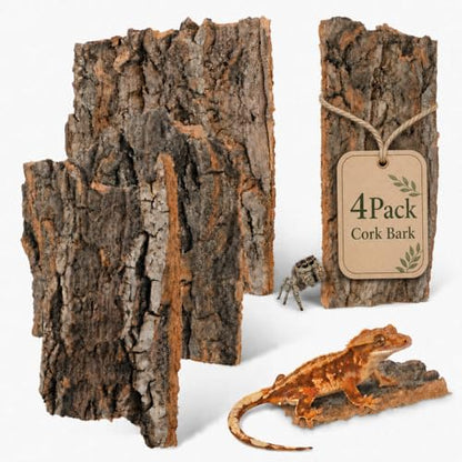 SHINEOFI 4 Pack Natural Cork Bark Reptile Hides for Terrariums | Random-shaped bark pieces for hides, basking platforms and enclosure landscaping for geckos, lizards, snakes and tortoises