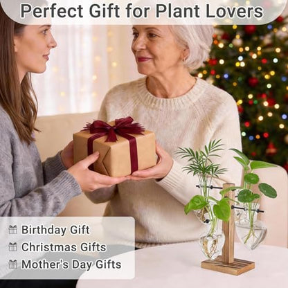 Mkono Propagation Stations,4 Heart Shaped Glass Plant Vases with Wood Stand | Hydroponic Terrarium, Desktop Propagation Jars, Cute Air Plant Flower Holder,Home Office Decor, Plant Lover Gardening Gift - size: 4 Heart Bulb Vase