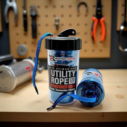 Rapid Rope Canister, 120ft Blue Tactical Paracord, 1100lb Test, USA Made | Heavy Duty Poly Rope Test Cord, Non-Tangle Dispenser Included, For Hiking, Camping, Survival, Utility, Stocking Stuffer, Gift - size: 120ft, style: Blue