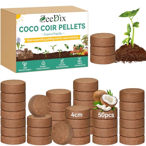 Coco Coir Pellets, 50 Pcs 40mm Seed Starter Soil Pods for Planting | Low EC & pH Balanced, Organic Coconut Coir Potting Soil for Indoor Outdoor Plants Herbs Houseplants Bonsai Vegetables Flowers - size: 40mm