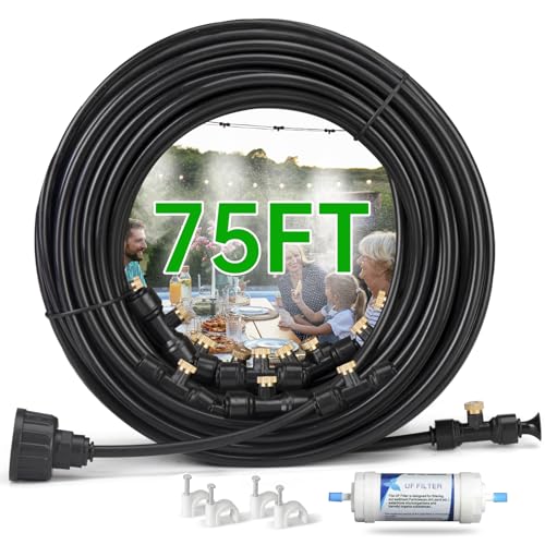 Funpynani 75FT Outdoor Misting Cooling System‌ - Patio Garden Kit with ‌Brass Nozzles & UV Tubing‌, DIY Install for ‌Pool, BBQ, Greenhouse‌, Water-Saving High Pressure Cooler - size: 75FT