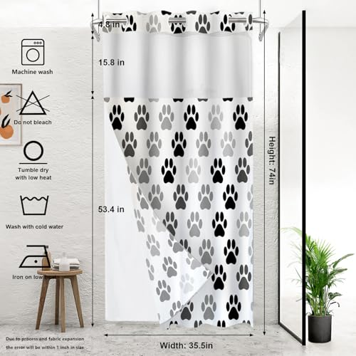 Black Animal Paw Cat Dog No Hooks Shower Curtain with Snap in Liner Set, Colorful Paw Prints Tub Curtainn Mesh Top Window & Magnetic Hem Waterproof 35.5X74 Inch - color: Animal Dog Black, size: 35.4"W x 74"L (Pack of 1)