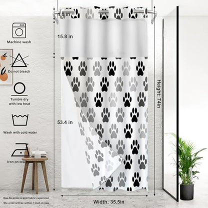 Black Animal Paw Cat Dog No Hooks Shower Curtain with Snap in Liner Set, Colorful Paw Prints Tub Curtainn Mesh Top Window & Magnetic Hem Waterproof 35.5X74 Inch - color: Animal Dog Black, size: 35.4"W x 74"L (Pack of 1)