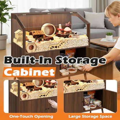 PROLEE Hamster Cage with Storage Cabinet,Large Hamster Encloure Chew Proof Wood,Clear View Hamster Habitat for Guinea Pig, Ferret, Rat, Hedgehog，47“ X 40” X 20“ (Walnut) - color: Walnut