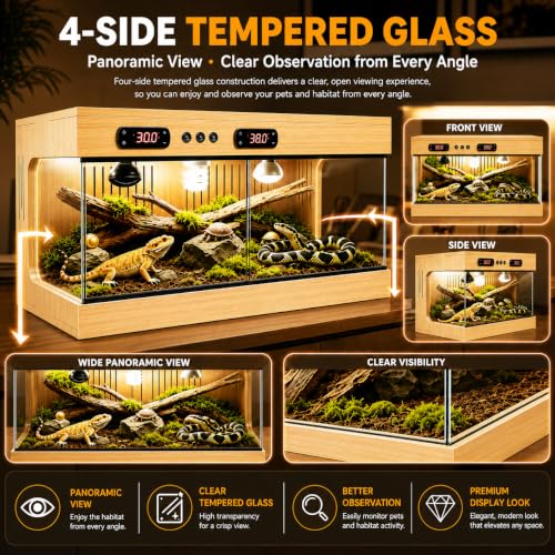 Reptile Terrarium for Lizard Tortoise Snake – Dual Thermostat Reptile Enclosure Stackable Wooden UV Coated with Ceramic Lamp Holder, Waterproof Easy Clean 3-Side Ventilation Anti-Escape (40x20x20 in) - size: 40x20x20 in