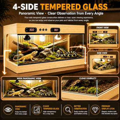 Reptile Terrarium for Lizard Tortoise Snake – Dual Thermostat Reptile Enclosure Stackable Wooden UV Coated with Ceramic Lamp Holder, Waterproof Easy Clean 3-Side Ventilation Anti-Escape (32x16x16 in) - size: 32x16x16 in