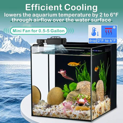 hygger Small Aquarium Cooling Fan Quiet Fish Tank Chiller with Adjustable Speed & Timer Aquarium Cooler for Axolotl Tank/Terrarium/Saltwater/Freshwater Accessories Up to 5 Gallon - size: Mini Fan