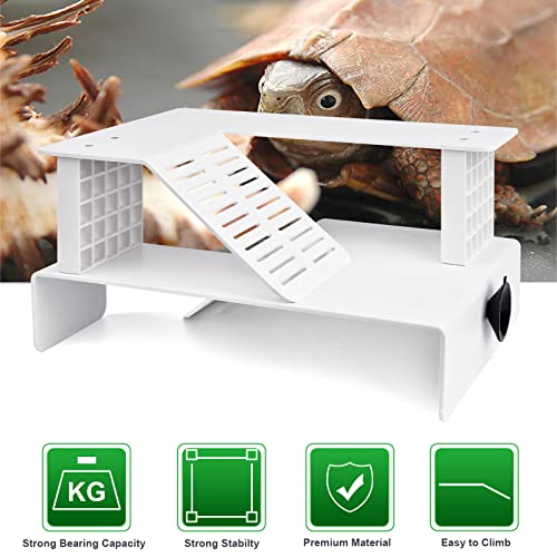 WEAVERBIRD Turtle Basking Platform, Double Decker Reptile Habitat | White Turtle Tank Platform Aquarium Animal Sink Wharf, Climbing Shelf Turtle Tank Dock Floating Decor, Floating Turtle Dock