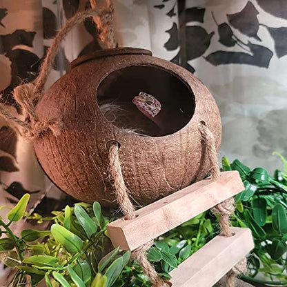 Lizard Coco Den with Ladder,Leopard Gecko Coconut Husk Hut Hideout Home Reptile Hammock Climbing Hanging Plants Decor Habitat Tank Accessories for Bearded Dragon Snake Chameleon - style: 【Style A】