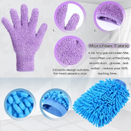 Potchen 6 Pcs Microfiber Dusting Mitt Gloves for Plants Washable Dusting Gloves for House Cleaning Furniture Car Washing - color: Pink,purple,blue