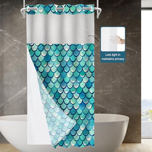 Turquoise Fish Scale Pattern No Hooks Shower Curtain with Snap in Liner Set, Blue Mermaid Scale Texture Tub Curtainn Mesh Top Window & Magnetic Hem Waterproof 35.5X74 Inch - color: Fish Scale 1 Blue03, size: 35.4"W x 74"L (Pack of 1)