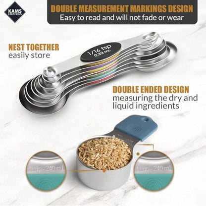 16PCS Magnetic Measuring Cups and Spoons Set with Leveler – Strong N52 Magnets, Premium 304 Stainless Steel, Double Sided Measuring Spoons, Easy to Read Engraved Measurements for Baking & Cooking
