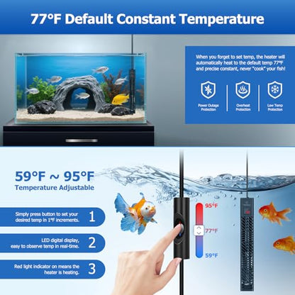 fishkeeper Adjustable Fish Tank Heater 200W/300W for 1-80 Gallon Aquariums | Explosion Proof Submersible Aquarium Heater with LED Digital Display and Overheat Protection for Saltwater & Freshwater Tanks - size: 200W(for 26-53 Gal)
