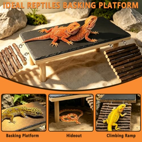 Bearded Dragon Basking Platform with Climbing Ramp,Reptile Basking Rock,XXL | Wooden Lizard Resting Platform Basking Rock Slate,Leopard Gecko Hide Cave Tank Accessories for Tortoise Snake - size: XXL: 15.75" x 7.87"x 4.56"