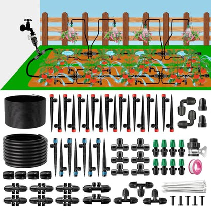 LP 240FT Drip Irrigation System Kit, Garden Watering Misting System - 40FT 1/2" Main Tube & 200FT 1/4" Distribution Tubing - Adjustable Nozzles & Sprinklers for Garden Greenhouse, Lawn, Potted Plants