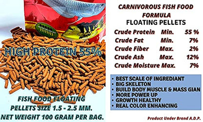 A.D.P. Carnivorous Arowana Fish Food, 55% High Protein Floating Pellets with Astaxanthin & Spirulina, Tropical Fish Feed for Arowana, Oscar, Pleco & Catfish, Color Enhancing - 100 g - color: Arowana Food