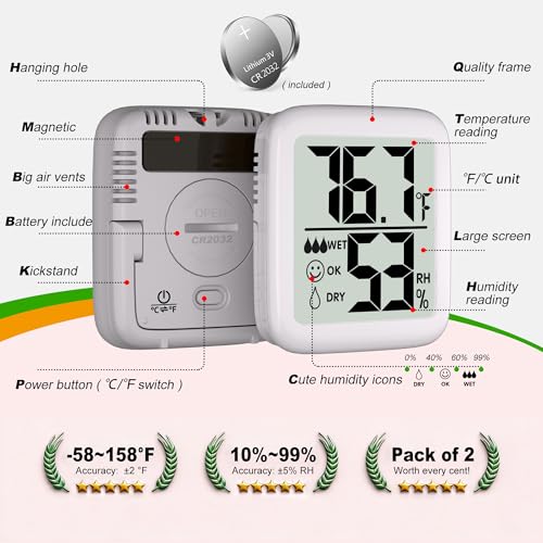 2 Pack Room Thermometer Indoor Hygrometer | Monitor Temperature & Humidity, Accurate, Fast Read, Easy To View, Magnetic/Kickstand/Hanging, ℉/℃, w/ Battery, Compact - color: 2 Pcs * Classic White ( 90%+ Choice for Home )