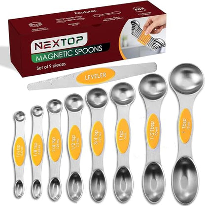 Magnetic Measuring Spoons Set of 9 Stainless Steel Dual-Sided Stackable Measuring Spoon Nesting Teaspoons Measuring Dry and Liquid Ingredients, Fits in Spice Jars Set of 9 (Orange) - color: Orange