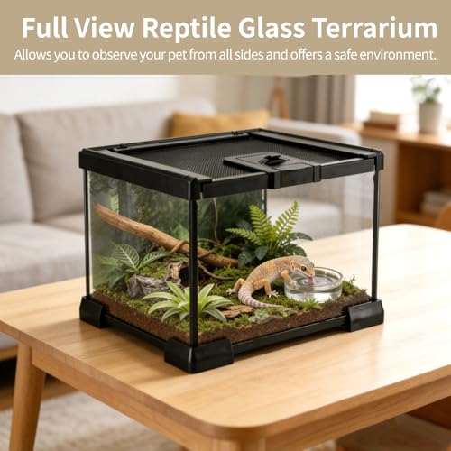 Mini Reptile Glass Terrarium 7.9 x 7.9 x 5.7, Full View Rainforest Vivarium Tank, Stackable Amphibian Enclosure Cage for Turtles, Geckos, Frogs, Hermit Crabs, No Installation Needed - size: 7.9"L x 7.9"W x 5.7"H