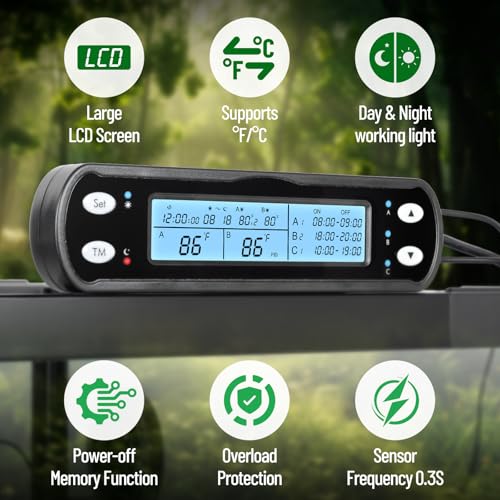 Smart Thermostat with Heating Timing Outlets, PID Dimming Thermostat for Day Night Temperature Controller, 3-Channel Digital Timer for Reptile Mushroom Greenhouse Heat UVB Lamp