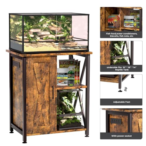 Herture 45-67 Gallon Reptile Tank Stand with Power Outlet, Terrarium Stand with Storage Cabinet, 24" Wx18 D Tabletop, Reptile Terrarium, Rustic Brown PG12XYN - color: Rustic Brown, size: 24x18"-46-67 Gallon