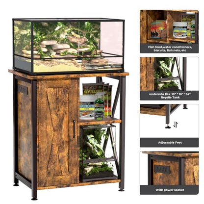Herture 45-67 Gallon Reptile Tank Stand with Power Outlet, Terrarium Stand with Storage Cabinet, 24" Wx18 D Tabletop, Reptile Terrarium, Rustic Brown PG12XYN - color: Rustic Brown, size: 24x18"-46-67 Gallon