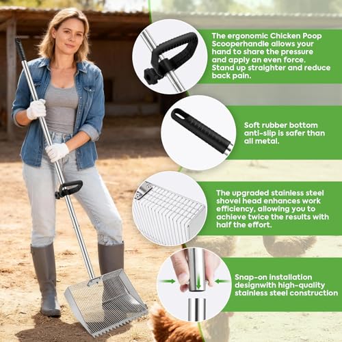 Chicken Poop Scooper Rake: Scooper with 75.6in Long Handle | 15in Wide Sifter-Adjustable Stainless Steel Rake-Non-Stick Metal-Easy to Clean-Ideal for Poultry Coop/Manure Cleaning