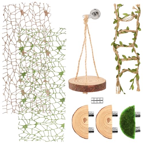 Jumping Spider Habitat Decor Set, 7-Piece Enclosure Climbing Kit | Includes 2 glitter webs, 3 wood platforms, 1 swing, and 1 rope bridge for climbing, resting, and styling enclosures