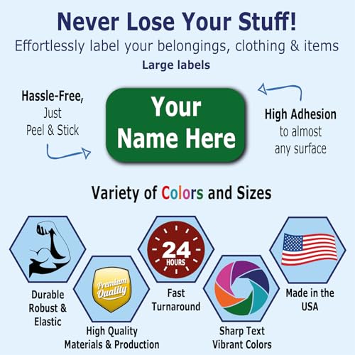 24 Large Personalized Waterproof Name Labels. Press and Stick Multi use Custom Name Labels. Customized 2 Lines of Text and Color. ID Identification Name Stickers with Permanent Self Adhesive. - color: 24 Large Labels - Colored Background
