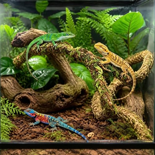 Reptile Tank Accessories and Terrarium Habitat Decor, Artificial Mossy Vines Bridge for Small Reptiles, Climbing Toys for Gecko, Lizard, Snake, Chameleon, Frog, Spider