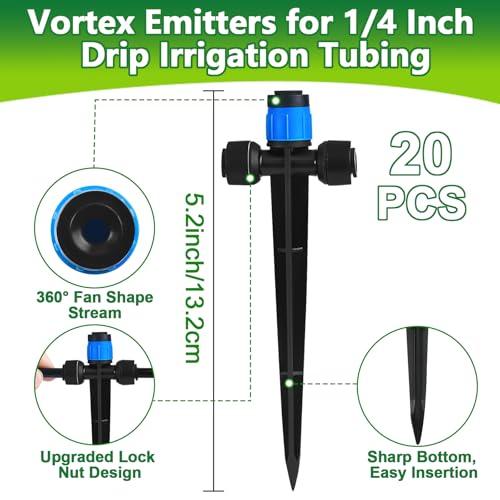 Push-to-Fit Drip Irrigation Vortex Emitters for 1/4" Drip Irrigation Tubing, 20 Pcs Adjustable 360 Degree Water Flow Fan Shape Drippers with Stake in-Line Drip System Emitter - size: Push-to-fit Vortex Emitters - 20 Pieces