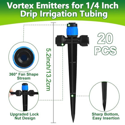 Push-to-Fit Drip Irrigation Vortex Emitters for 1/4" Drip Irrigation Tubing, 20 Pcs Adjustable 360 Degree Water Flow Fan Shape Drippers with Stake in-Line Drip System Emitter - size: Push-to-fit Vortex Emitters - 20 Pieces