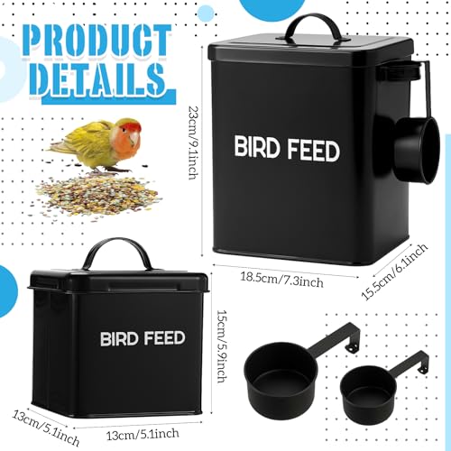 Reallnaive 2 Pcs Metal Bird Seed Container with Scoop,Black | Bird Feed Storage Container with Fitted Lid, Farmhouse Style Ideal Gift for Birds and Pet Owners - color: Black