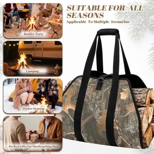 Tree Leaf Camo Print Firewood Log Carrier Tote | Open-Ended Design, Large Capacity, Waterproof Fabric, for Fireplaces, Bonfires and Wilderness Camping - color: Tree Leaf Hunting Camo Print