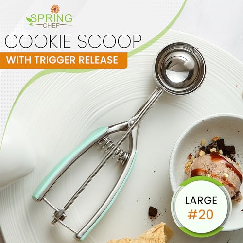 Spring Chef Large Stainless Steel Cookie Scoop, #20, 2.93 Tbsp, Mint | Multifunctional Cookie Scooper for Baking, Cupcake Batter Scoop, Ice Cream Scoop with Trigger & Soft Grip, Dishwasher Safe - color: Mint, size: #20 - Large - 2.93 Tbsp
