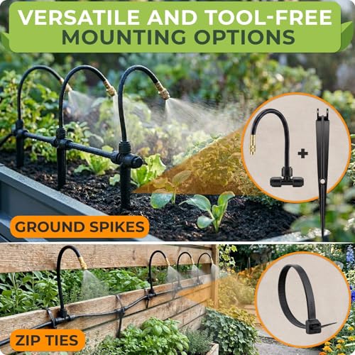 Drip Irrigation System Kit with Atomizing Copper Nozzles, 50 feet | For Raised Beds, Potted Plants or Greenhouse with 16pcs 360° Adjustable Watering Spray Nozzles - size: 16 Atomizing Nozzles + 16 Emitters + 50 feet