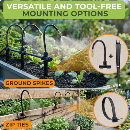 Drip Irrigation System Kit with Atomizing Copper Nozzles, 50 feet | For Raised Beds, Potted Plants or Greenhouse with 16pcs 360° Adjustable Watering Spray Nozzles - size: 16 Atomizing Nozzles + 16 Emitters + 50 feet