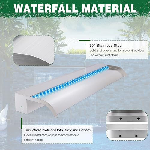 Waterfall Pool Fountain, LONGRUN Stainless Steel Waterfall Spillway for Pools and Ponds - 35.4" Wide Decorative Water Feature for Swimming Pools, Koi Ponds, and Garden - size: 35.4 inch Stainless Steel(Curved)