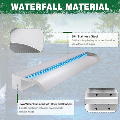 Waterfall Pool Fountain, LONGRUN Stainless Steel Waterfall Spillway for Pools and Ponds - 35.4" Wide Decorative Water Feature for Swimming Pools, Koi Ponds, and Garden - size: 35.4 inch Stainless Steel(Curved)