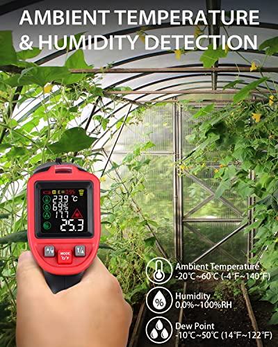Infrared Surface Thermometer -58℉ to 1202℉, Dew Point/Mould Detector, Laser Temperature Humidity Gun, Hygrometer, Pyrometer with Thermocouple for Home, HVAC Black