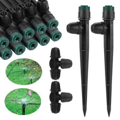 Drip Irrigation Emitters Sprayers for 1/4" Tubing, Adjustable 360 Degree Water Flow Sprayer on 5.5" Arrow Stake,with 1/4" Locked Tee for Watering System(30Pcs Sprayers and 30Pcs Tee) - style: 30Pcs Sprayers and 30Pcs Tee