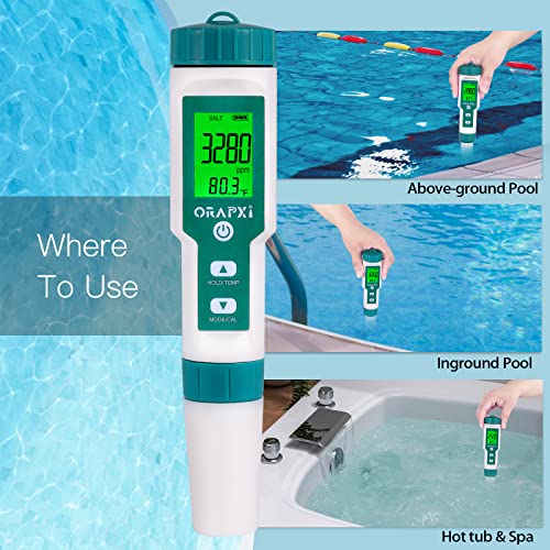 Pool Salt Tester pH and Salt Meter for Saltwater Pool pH Tester | Digital Salinity Tester 5 in 1 pH Salt TDS EC Temp Meter for Hydroponics Salt Meter for Swimming Pools Hot Tubs and Swim Spa